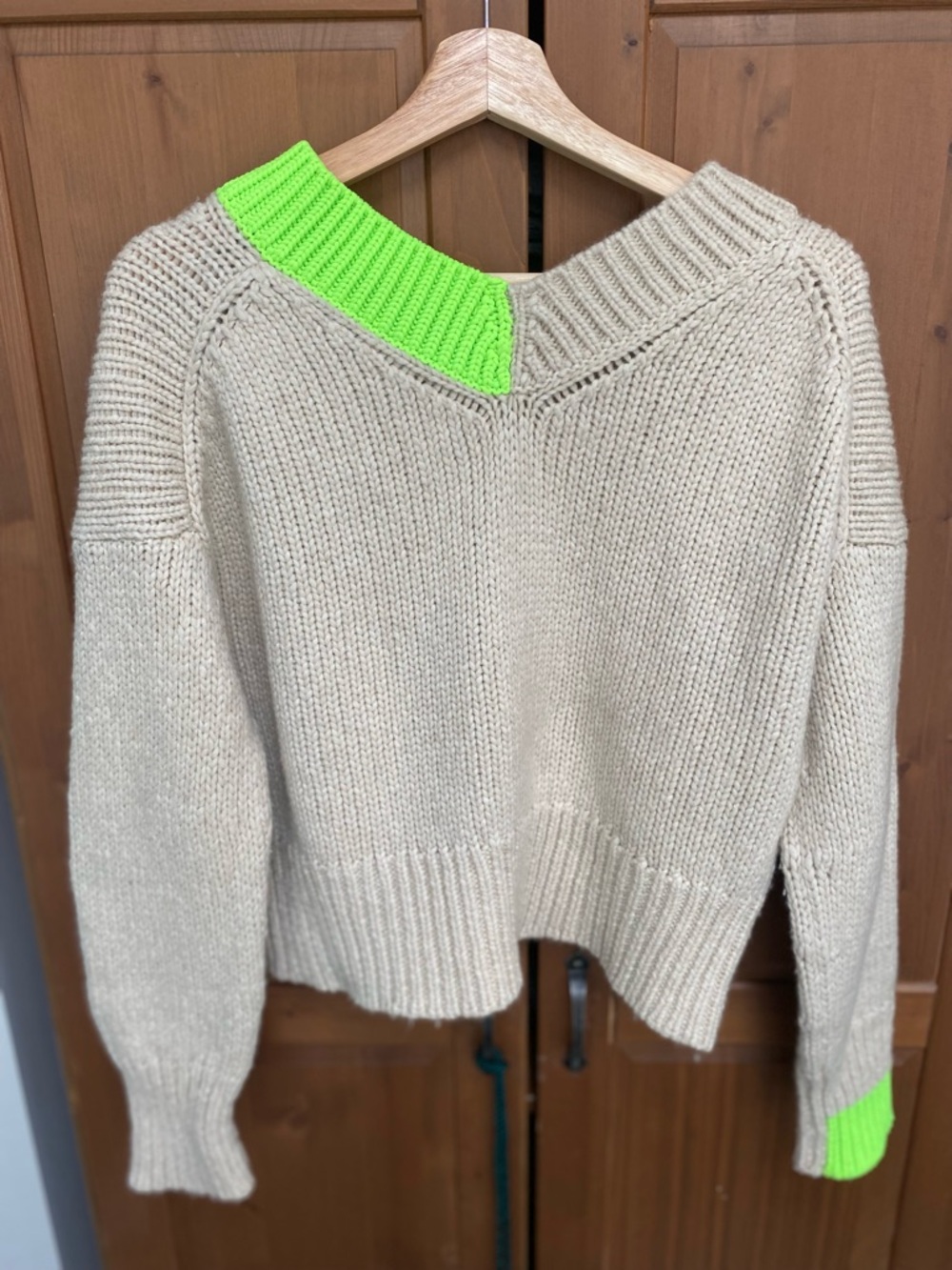Helmut Lang Beige Sweater with Neon Green Trim